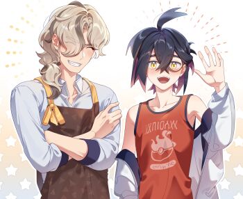 2boys :d ^_^ apron arven_(pokemon) bare_shoulders black_hair blush brown_apron closed_eyes collarbone colored_inner_hair crossed_arms crossed_bangs gradient_background hair_between_eyes hair_over_one_eye hair_over_shoulder highres jacket kieran_(pokemon) korean_commentary long_hair looking_at_viewer low_ponytail male_focus multicolored_hair multiple_boys nintendo open_clothes open_jacket open_mouth pokemon pokemon_sv ponytail purple_hair red_tank_top shi_mohaji short_hair smile star_(symbol) star_symbol_background streaked_hair tank_top teeth two-tone_hair upper_teeth_only white_jacket yellow_eyes