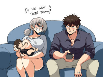1boy 1girl aged_up alternate_hairstyle baby blush breast_sucking breastfeeding breasts brown_hair controller couch couple family father_and_son green_eyes grey_hair highres husband_and_wife if_they_mated jewelry large_breasts mother_and_child mother_and_son ponytail remote_control ring sakurai_shin'ichi thick_thighs thighs tina_fate uzaki-chan_wa_asobitai! uzaki_hana