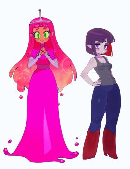 2girls adventure_time alternate_costume boots breasts colored_sclera colored_skin commentary cosplay covered_navel crown dc_comics frown full_body green_eyes green_sclera grey_skin grey_tank_top hand_on_own_hip highres hynden_walch kojirou_(mesurf1) long_hair looking_at_viewer marceline_abadeer marceline_abadeer_(cosplay) multiple_girls orange_skin princess princess_bonnibel_bubblegum princess_bonnibel_bubblegum_(cosplay) princess_dress purple_eyes raven_(dc) short_hair simple_background smile standing starfire symbol-only_commentary tank_top teen_titans tiara voice_actor_connection white_background