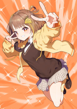 Rule 34 | 1girl, absurdres, blush, brown hair, brown shoes, collared shirt, double v, full body, grin, highres, hood, hoodie, looking at viewer, necktie, niboshidrip, open clothes, open hoodie, orange eyes, sendo yuuhi, sendo yuuhi (1st costume), shirt, shoes, skirt, smile, solo, sparkle, sweater vest, v, virtual youtuber, vspo!, white shirt