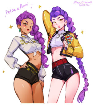 Rule 34 | 2girls, braid, breasts, brown eyes, crop top, cropped jacket, crossover, dark-skinned female, dark skin, earrings, fire emblem, fire emblem: three houses, hairstyle connection, hand on own hip, jewelry, kpop demon hunters, lips, long sleeves, looking at viewer, medium breasts, microphone, mina cream, multi-tied hair, multiple girls, nintendo, petra macneary, purple hair, rumi (kpop demon hunters), shirt, shorts, tied shirt