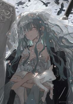 1girl :| absurdres animal baby_animal bird closed_mouth commentary_request crow highres isshin_(kaxz) lamb long_hair looking_down orange_hair original sheep solo very_long_hair