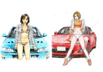 2girls angel_wings ass belly bikini bottomless breasts brown_eyes brown_hair buttons car collar comic cover cover_page crop_top day dress_shirt elbow_gloves gloves highres initial_d lips lipstick looking_at_viewer makeup manga_cover medium_breasts mf_ghost motor_vehicle multiple_girls navel official_art open_clothes open_mouth open_shirt outdoors panties plaid_clothes plaid_shirt pocket race_queen red_lips right-hand_drive saionji_ren shigeno_shuuichi shirt short_hair smile solo standing subaru subaru_(brand) subaru_impreza swept_bangs swimsuit toyota toyota_86 uehara_mika underwear vehicle_focus white_panties wig wings