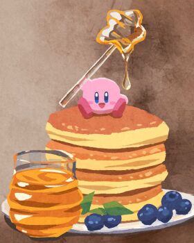 Rule 34 | :d, blue eyes, blueberry, blush stickers, brown background, commentary, food, fruit, honey, kirby, kirby (series), miclot, nintendo, no humans, open mouth, pancake, pancake stack, sitting, smile