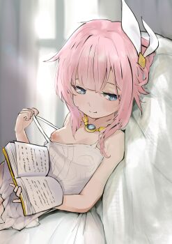 1girl absurdres aged_down bare_shoulders bedroom blue_eyes blush book breasts closed_mouth commentary_request curtains cyrene_(aedes_elysiae)_(honkai:_star_rail) cyrene_(honkai:_star_rail) dress hair_ornament half-closed_eyes hand_up highres holding holding_book honkai:_star_rail honkai_(series) indoors jewelry loli long_hair necklace nipples on_bed on_pillow one-piece_dress one_breast_out open_book pillow pink_hair rs_(airglow) short_hair small_breasts smile solo split_mouth strap_pull sunlight white_dress window