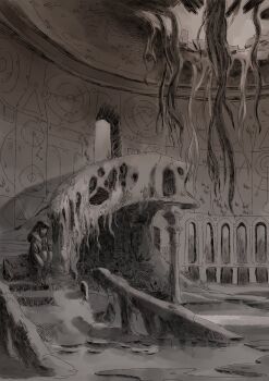 1girl abandoned architecture backpack bag banister boots coat ephe99261012 greyscale hashtag-only_commentary hatching_(texture) highres hole_in_ceiling hugging_own_legs indoors linear_hatching long_hair monochrome mural open_clothes open_coat original overgrown plant post-apocalypse puddle ruins sitting sitting_on_stairs sketch solo stairs unworn_backpack unworn_bag very_wide_shot vines