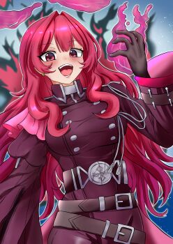 1girl absurdres aiguillette aura belt black_gloves breasts brown_belt buttons commentary cowboy_shot dark_aura double-breasted duel_monster earrings exosister_karmael exosister_martha gloves gt_majoyan hair_between_eyes halo hand_up highres jacket jewelry large_breasts long_hair long_sleeves looking_at_viewer military_jacket open_mouth red_hair red_jacket sidelocks smile solo teeth wide_sleeves yu-gi-oh!