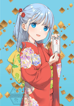 1girl blue_background blue_eyes blue_hair blue_nails commentary_request cowboy_shot floral_print floral_print_kimono flower hair_flower hair_ornament half_updo highres holding holding_omikuji japanese_clothes kimono looking_at_viewer medium_hair obi omikuji open_mouth original print_kimono red_flower red_kimono sash smile solo takayaki watermark white_flower yellow_sash