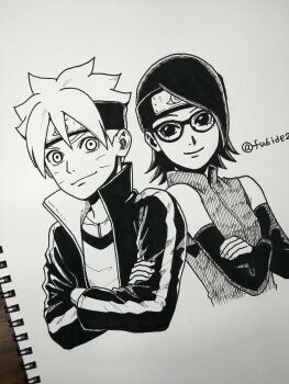 1boy 1girl arm_warmers boruto:_naruto_next_generations commentary_request crossed_arms facial_mark forehead_protector glasses headband highres jacket jewelry marker_(medium) matsu_(fu6ide2) monochrome naruto_(series) necklace photo_(medium) smile traditional_media twitter_username uchiha_sarada uzumaki_boruto whisker_markings