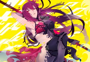 Rule 34 | 1girl, bikini, bodysuit, breasts, commentary request, fate/grand order, fate (series), holding, holding polearm, holding weapon, kiyoshita, large breasts, long hair, polearm, purple bikini, purple bodysuit, purple hair, red eyes, scathach (fate), scathach (fate/grand order), scathach (swimsuit assassin) (fate), solo, swimsuit, transformation, very long hair, weapon