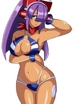 1girl absurdres android bandana bikini blue_bikini bracelet breasts clenched_teeth dark-skinned_female dark_skin green_eyes hair_over_one_eye hayebsi headgear high_ponytail highres hime_cut jewelry joints large_breasts layer_(mega_man) long_hair looking_at_viewer mega_man_(series) mega_man_x_(series) mega_man_x_dive mole mole_under_eye multicolored_bikini navel o-ring o-ring_bikini official_alternate_costume parted_lips ponytail purple_hair red_bandana robot_girl robot_joints simple_background solo striped_bikini striped_clothes swimsuit swimsuit_layer_(mega_man) teeth two-tone_bikini white_background