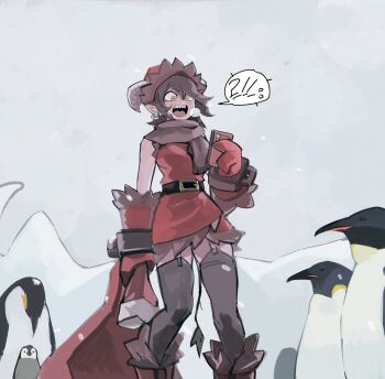 !? 1girl 33dot belt bird black_belt brown_scarf cellphone christmas commentary dress earrings emperor_penguin english_commentary gloves goat_girl goat_horns hat highres holding horizontal_pupils horns jewelry krampus_(33dot) open_mouth original penguin phone pointy_ears red_dress red_gloves santa_hat scarf sharp_teeth sleeveless sleeveless_dress smartphone snow snowflakes tail teeth thighhighs upper_teeth_only yellow_eyes