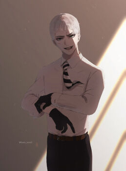 1boy absurdres adjusting_sleeves belt black_gloves black_necktie collared_shirt commentary_request gloves green_eyes grey_hair highres looking_at_viewer male_focus necktie open_mouth pants rollo_flamme roro_(haru_roro2) shirt short_hair sidelighting solo striped_necktie twisted_wonderland twitter_username white_shirt