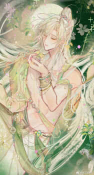 1boy arm_strap bangle bead_belt blonde_hair blush bracelet chinese_clothes chinese_commentary chinese_text closed_eyes cowboy_shot curtained_hair eyes_visible_through_hair flower flower_ornament full_moon gold_bracelet green_background green_robe green_sash hair_between_eyes hair_flower hair_ornament half_updo hand_up high_ponytail highres holding holding_flower jewelry leaf moon nail_polish original osmanthus parted_lips pink_flower pink_nails ponytail robe sash shoulder_sash solo toned toned_male topless_male waist_sash watermark weibo_watermark yellow_flower yue_jian_kongshan