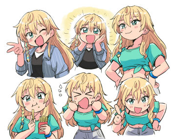 Rule 34 | > <, 1girl, :d, blonde hair, blue eyes, blush, bracelet, character request, closed eyes, closed mouth, collarbone, copyright request, cropped shirt, eating, food, french fries, hair between eyes, hands on own cheeks, hands on own face, holding, holding food, index finger raised, jewelry, leaning forward, long hair, necklace, one eye closed, open mouth, simple background, smile, solo, tsubobot, v, white background, xd