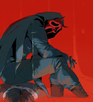 1boy artist_name blood blue_cloak blue_gloves blue_jacket blue_pants boots bozo-chan cloak commentary corpse danny_johnson dead_by_daylight ghostface gloves highres hood hood_up hooded_cloak horned_mask horns jacket lace-up_boots long_sleeves looking_at_viewer looking_to_the_side male_focus mask pants red_background simple_background sitting solo symbol-only_commentary