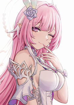 1girl absurdres bare_shoulders breasts chinese_commentary closed_mouth commentary_request cyrene_(honkai:_star_rail) cyrene_(ripples_of_past_reverie)_(honkai:_star_rail) diamond-shaped_pupils diamond_(shape) fingernails flower from_side hair_flower hair_intakes hair_ornament highres honkai:_star_rail honkai_(series) long_hair looking_at_viewer looking_to_the_side medium_breasts multicolored_hair nail_polish one_eye_closed pink_eyes pink_hair pink_nails pointy_ears purple_flower purple_rose revision rose selcky sidelocks smile solo streaked_hair symbol-shaped_pupils upper_body