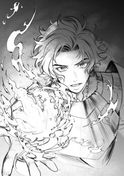 1boy arm_up armor breastplate curtained_hair eyelashes fire fire_emblem fire_emblem:_three_houses greyscale looking_at_viewer male_focus monochrome nintendo outstretched_hand parted_hair parted_lips short_hair solo sylvain_jose_gautier sylvain_jose_gautier_(timeskip) tamaki_(ta_makichi) teeth upper_body wavy_hair