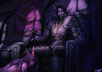 1boy 1girl 2016 armor artist_name banner beard blood blood_from_mouth clothed_male_nude_female colored_skin covering_own_mouth elf facial_hair forceps implied_nudity implied_violence indoors long_hair night_elf_(warcraft) nude personal_ami placker pointy_ears purple_skin ryona shoulder_spikes signature sitting spikes throne tooth warcraft world_of_warcraft yellow_eyes