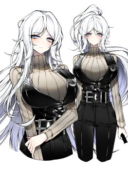 1girl absurdres alternate_breast_size_(larger) alternate_hair_length alternate_hairstyle belt belt_buckle black_belt black_pants black_vest blue_eyes breasts bright_pupils brown_sweater buckle cherry_oux closed_mouth commentary cropped_legs denim english_commentary faust_(project_moon) hair_intakes high_ponytail highres holding huge_breasts jeans leather leather_vest light_blush limbus_company long_hair looking_at_viewer multiple_views pants ponytail project_moon ribbed_sweater sidelocks simple_background sweater turtleneck turtleneck_sweater very_long_hair vest white_background white_hair white_pupils