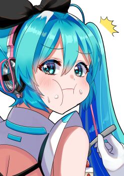 1girl :t absurdres aqua_eyes aqua_hair black_bow blush bow cake cake_slice closed_mouth commentary_request dessert diamond-shaped_pupils diamond_(shape) dress food food_on_face fork fruit hair_between_eyes hatsune_miku headset highres holding holding_fork long_hair looking_at_viewer looking_back magical_mirai_(vocaloid) magical_mirai_miku magical_mirai_miku_(2016) official_alternate_costume official_alternate_hairstyle simple_background sleeveless sleeveless_dress strawberry symbol-shaped_pupils tatyaoekaki twintails very_long_hair vocaloid white_background white_dress