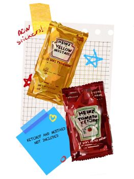 commentary condiment_packet english_commentary english_text grid heinz highres junbuug ketchup mustard no_humans official_art original painterly promotional_art simple_background star_(symbol) sticky_note white_background