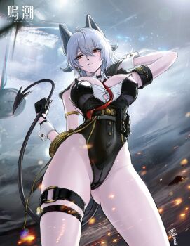 1girl ahoge alternate_costume arm_up armband artist_name between_breasts black_armband black_gloves black_horns black_leotard black_tail breasts chromatic_aberration commentary curled_horns demon_tail earrings from_below gloves grey_hair groin hair_between_eyes highleg highleg_leotard highres horns jewelry key_earrings large_breasts leotard logo long_hair necktie necktie_between_breasts o-ring o-ring_thigh_strap papatouch parted_lips red_eyes red_necktie solo tail thigh_strap thighs wuthering_waves zani_(wuthering_waves)