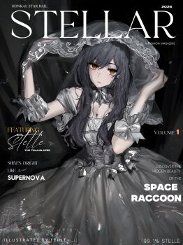 1girl absurdres alternate_costume alternate_hair_length alternate_hairstyle bare_shoulders bow breasts cleavage closed_mouth cover dress fake_magazine_cover feint721 grey_bow grey_dress grey_hair grey_theme grey_veil hands_up highres honkai:_star_rail honkai_(series) limited_palette long_dress long_hair looking_at_viewer magazine_cover medium_breasts photo-referenced solo stelle_(honkai:_star_rail) trailblazer_(honkai:_star_rail) veil yellow_eyes