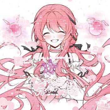 Rule 34 | 1girl, ^ ^, absurdres, bare shoulders, belt, black belt, black ribbon, blue bow, blush, bow, bow choker, bowtie, bra strap, chinese commentary, choker, closed eyes, collarbone, commentary request, commission, cropped legs, cyfrost, eureka (infinity nikki), eyelashes, frilled shirt, frilled sleeves, frills, grin, hair bow, hair ribbon, happy, highres, infinity nikki, layered skirt, light particles, lips, long hair, long sleeves, low twintails, nikki (nikki), nikki (series), object floating above hand, off-shoulder shirt, off shoulder, perfect start (infinity nikki), pink bow, pink bowtie, pink choker, pink hair, pink lips, pink skirt, pleated skirt, puffy long sleeves, puffy sleeves, ribbon, sample watermark, shirt, simple background, single stripe, skirt, sleeves past wrists, smile, solo, star (symbol), striped bow, striped bowtie, striped choker, striped clothes, too many watermarks, tress ribbon, twintails, very long hair, watermark, watermark grid, wavy hair, whimstar (infinity nikki), white background, white shirt, yarn