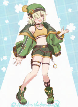 1girl :d aoi_(camp)_(princess_connect!) aoi_(princess_connect!) artist_name beanie belt blush boots breasts choker chokomin commentary_request crop_top elf full_body green_eyes green_hair green_hat green_jacket green_shorts hair_over_one_eye hat highres jacket long_sleeves looking_at_viewer midriff navel open_clothes open_jacket open_mouth pointy_ears pouch princess_connect! shoes short_hair short_shorts shorts smile socks solo sports_bra standing tank_top thigh_belt thigh_strap twitter_username