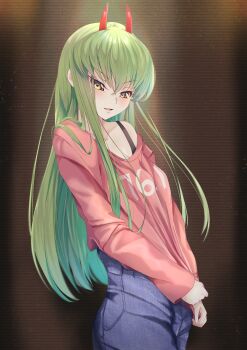 >:) 1girl :d absurdres black_bra blush bra breasts brown_background budgiepon c.c. chainsaw_man cleavage clothes_pull clothes_writing code_geass collarbone commentary cosplay cowboy_shot demon_horns denim eyelashes eyes_visible_through_hair fake_horns green_hair hair_between_eyes hair_over_shoulder head_tilt highres horns jeans long_hair long_sleeves looking_at_viewer nose off_shoulder open_mouth pants power_(chainsaw_man) power_(chainsaw_man)_(cosplay) pulling_own_clothes red_shirt shirt shirt_pull sidelocks simple_background small_breasts smile solo standing straight_hair underwear v-shaped_eyebrows very_long_hair yellow_eyes