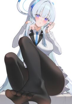 Rule 34 | 1girl, absurdres, black pantyhose, blue archive, blue necktie, blunt bangs, blush, breasts, collared shirt, commentary, feet, foot focus, foot out of frame, grey hair, halo, hands up, headgear, highres, holding, holding own hair, jacket, lanhua227, large breasts, leg up, long hair, long sleeves, looking at viewer, mechanical halo, miniskirt, necktie, no shoes, noa (blue archive), pantyhose, parted lips, presenting foot, purple eyes, shirt, sidelocks, simple background, sitting, skirt, solo, very long hair, white background, white halo, white jacket, white shirt, white skirt