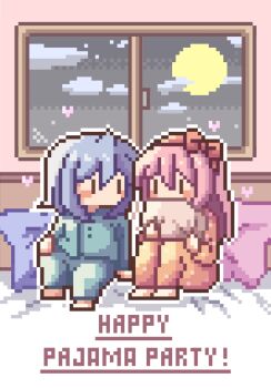2girls alternate_costume alternate_hairstyle barefoot bed bedroom blue_hair blue_pajamas blush bob_cut bow bow_hairband cloud covered_mouth covering_own_mouth english_text eye_contact face_in_pillow full_body full_moon hair_between_eyes hairband hand_on_bed hand_on_own_hip headboard heart highres holding holding_pillow hugging_object kaname_madoka knees_up long_hair looking_at_another mahou_shoujo_madoka_magica mahou_shoujo_madoka_magica_(anime) miki_sayaka moon multiple_girls nabehuki night night_sky no_mouth no_nose on_bed orange_pajamas pajamas pillow pillow_hug pink_hair pixel_art pixel_heart pixel_text pixelated polka_dot polka_dot_pajamas red_bow red_hairband sitting sky sleepover sleepwear window yuri