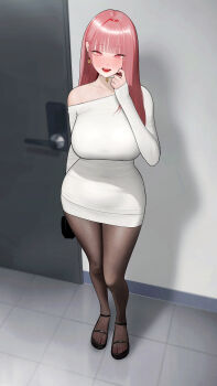 Rule 34 | 1girl, absurdres, arm behind back, bag, black bag, black pantyhose, blunt bangs, blush, breasts, commentary request, door, doorway, dress, earrings, feet, fine fabric emphasis, full body, gonggong ill, hair intakes, handbag, heart, heart earrings, highres, holding, holding bag, indoors, jewelry, korean commentary, large breasts, legs, long hair, long sleeves, looking at viewer, nail polish, off shoulder, open mouth, original, pantyhose, pencil dress, pink eyes, pink hair, pink nails, sandals, shadow, short dress, single bare shoulder, sleeves past wrists, smile, solo, standing, sweater, sweater dress, taut clothes, taut dress, teeth, thighs, tile floor, tiles, toenail polish, toenails, toes, upper teeth only, white dress, white sweater