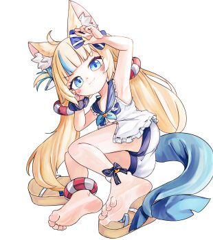 1girl animal_ear_fluff animal_ears armpits barefoot blonde_hair blue_eyes blue_hair blue_sailor_collar blush cat_ears chaosexceed closed_mouth dress feet fins fish_girl fish_tail frilled_sailor_collar frills highres indie_virtual_youtuber lifebuoy_hair_ornament long_hair looking_at_viewer low_twintails multicolored_hair one_side_up sailor_collar sailor_dress sameko_saba sandals shorts soles solo streaked_hair tail toes twintails two-tone_hair v-shaped_eyebrows very_long_hair virtual_youtuber white_dress white_shorts