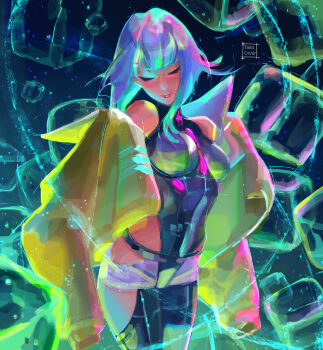 Rule 34 | 1girl, artist name, breasts, closed eyes, closed mouth, commentary, cowboy shot, cyberpunk: edgerunners, cyberpunk (series), english commentary, eyeliner, highres, leotard, lucy (cyberpunk), makeup, medium breasts, paid reward available, pink eyeliner, purple hair, short hair, solo, tatti art