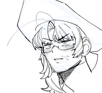 Rule 34 | 1boy, absurdres, annoyed, antenna hair, beard stubble, blush, contrast collar, facial hair, formal clothes, glasses, gregor (project moon), greyscale, hair between eyes, hair intakes, hair over shoulder, half-closed eyes, hat, highres, jitome, limbus company, lineart, long hair, looking afar, looking ahead, low ponytail, male focus, monochrome, official alternate costume, okazu1324343, parted bangs, parted lips, photoshop (medium), pirate costume, pirate hat, ponytail, portrait, project moon, sanpaku, semi-rimless eyewear, shirt, sidelocks, simple background, sketch, solo, stubble, sweatdrop, twinhook pirates (identity) (project moon), under-rim eyewear, unfinished, upper body, v-shaped eyebrows, white background