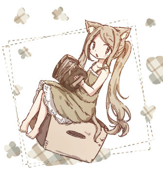 1girl animal_ears barefoot box brown_eyes brown_hair cat_ears cat_girl chipie_0114 commentary_request concertina dress highres holding holding_instrument instrument long_hair looking_at_viewer on_box open_mouth original sitting sleeveless sleeveless_dress solo sundress twintails very_long_hair