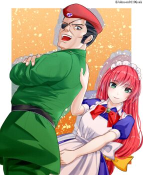 Rule 34 | 1boy, 1girl, apron, beret, black eyes, black hair, blue dress, bow, bowtie, dress, eyepatch, gates (seihou), green eyes, green pants, green shirt, hair bow, hand on another's back, hat, johnson0110, long hair, long sleeves, low-tied long hair, maid, maid apron, maid headdress, open mouth, pants, red bow, red bowtie, red hair, red hat, seihou, shirt, short sleeves, smile, vivit, yellow bow