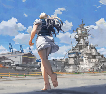 1girl autocannon barefoot battleship blonde_hair blue_hair blue_sky cannon cloud crane_(machine) dress electronic_firearm gatling_gun gun harbor highres hospital_gown kantai_collection kneepits long_hair m61_vulcan military_vehicle multicolored_hair multiple-barrel_gun original personification phalanx_ciws radar rotary_cannon ship ship_turret short_sleeves sky smokestack solo two-tone_hair uss_missouri_(bb-63) uss_missouri_(bb-63)_(personification) vehicle_and_personification warship watercraft white_dress ye_fan