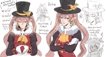 2girls :d absurdres ascot black_hat black_sleeves bow brooch closed_mouth commentary control_bar cropped_torso cross cross_earrings crossed_arms dolce_(rune_factory) earrings english_commentary expressionless fur_scarf gloves hat hat_bow highres jester_cap jewelry juliet_sleeves long_hair long_sleeves looking_at_viewer low_ponytail marionetta_(rune_factory) marionette maybecrosswise multiple_girls multiple_views open_mouth partially_colored pico_(rune_factory) pink_eyes pink_hair pointy_ears ponytail puffy_sleeves puppet puppet_strings rune_factory rune_factory_4 skull skull_brooch smile sparkle spoken_squiggle squiggle steepled_fingers thai_text top_hat translation_request twintails v white_background white_gloves yellow_ascot yellow_bow