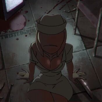 1girl adjusting_clothes animated animated_gif arm_support artist_name ass bare_legs breasts bubble_head_nurse cameltoe censored cleavage clitoris faceless faceless_female fat_mons flexible floor gloves hat huge_ass large_breasts legs_apart looking_at_viewer lying no_bra nurse nurse_(silent_hill) nurse_cap panties presenting pussy pussy_juice saliva saliva_trail shiny_skin silent_hill silent_hill_(series) silent_hill_2 sitting solo stained_clothes sweat thick_thighs thighs tongue tongue_out twistedgrim underwear veins white_gloves white_panties wide_hips