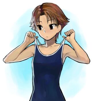 1girl b_suke blue_one-piece_swimsuit breasts brown_eyes brown_hair clothes_pull commentary_request frown natsuki_rin one-piece_swimsuit one-piece_swimsuit_pull precure short_hair small_breasts solo swimsuit tan tanline upper_body yes!_precure_5