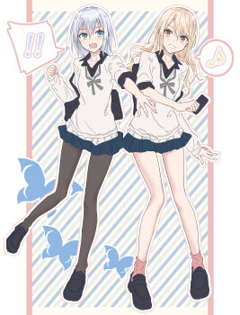 ! !! 2girls bag bang_dream! bang_dream!_girls_band_party! black_bag black_pantyhose black_shirt black_shoes blonde_hair blue_background blue_eyes blue_skirt collared_shirt commentary diagonal-striped_background eighth_note highres holding kirigaya_toko kurata_mashiro long_hair medium_hair miniskirt multiple_girls musical_note pantyhose pink_socks pleated_skirt school_bag shirt shoes short-sleeved_sweater short_sleeves skirt socks spoken_exclamation_mark spoken_musical_note striped_background sweater white_hair white_sweater yukitake_(bullfalk)