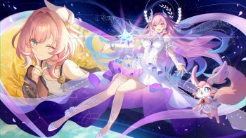 2girls 8_(e_uu88) aqua_hair blue_eyes breasts coat commentary cyrene_(aedes_elysiae)_(honkai:_star_rail) cyrene_(honkai:_star_rail) cyrene_(ripples_of_past_reverie)_(honkai:_star_rail) diamond-shaped_pupils diamond_(shape) dress dual_persona high_heels highres honkai:_star_rail honkai_(series) large_breasts mem_(honkai:_star_rail) multicolored_hair multiple_girls pink_hair purple_coat purple_eyes short_hair sky small_breasts space star_(sky) starry_sky symbol-only_commentary symbol-shaped_pupils two-tone_hair wheat wheat_field white_dress white_hair