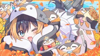 Rule 34 | 1girl, ;d, absurdres, animal hood, black hair, black hoodie, blonde hair, blue eyes, bouquet, chestnut mouth, commentary, dutch angle, english commentary, fish hair ornament, flower, grid background, hair ornament, high five, highres, holding, holding bouquet, hood, hoodie, looking at viewer, miritenoru, multicolored hair, nijisanji, nijisanji en, one eye closed, open mouth, penguin hood, penguin tail, pentomo (petra gurin), petra gurin, petra gurin (1st costume), plate, pleated skirt, short hair, skirt, sleeves past fingers, sleeves past wrists, smile, streaked hair, tail, virtual youtuber, white hoodie, white skirt