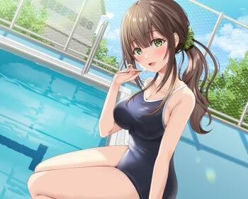 1girl :d black_one-piece_swimsuit blue_one-piece_swimsuit breasts brown_hair competition_school_swimsuit green_eyes highres kukiha lane_line long_hair looking_at_viewer low_ponytail medium_breasts mimikaki nanashima_aina official_art one-piece_swimsuit open_mouth original outdoors ponytail pool pool_ladder poolside school_swimsuit sitting smile solo swimsuit thighs
