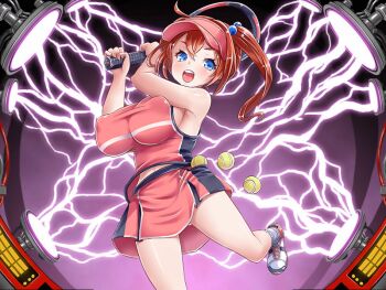 1girl ball blue_eyes blush bouncing_breasts breasts covered_erect_nipples dmm female_focus hat huge_breasts legs lightning looking_at_viewer machine open_mouth orange_hair racket shoes side_ponytail skirt sneakers solo sportswear tennis tennis_uniform thighs