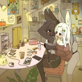 2girls among_us animal_ears bikini black_bikini black_panties black_shorts blush bottle breasts calendar_(object) candle carrot_hair_ornament cellphone character_request cleavage clock clothes_lift comb commentary dolphin_shorts fang food-themed_hair_ornament furry furry_female furry_with_furry garfield garfield_(character) gen_1_pokemon hair_ornament highres indoors jerry_(tom_and_jerry) lamp large_breasts long_hair mike_no_hito multiple_girls nintendo open_mouth original panties parappa parappa_the_rapper perfume_bottle phone pikachu pink_sweater plant pokemon poster_(object) red_(among_us) shirt shirt_lift shorts sitting smartphone smile standing sweater swimsuit symbol-only_commentary tail tissue_box tom_and_jerry underwear uwu white_hair white_shirt yuri