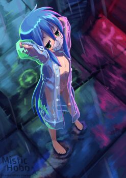 1girl absurdres arms_behind_head arms_up artist_name baraag_username barefoot blonde_hair coat facial_mark fanbox_username feet female_focus flat_chest full_body green_eyes highres huge_filesize izumi_konata jacket loli long_hair looking_at_viewer lucky_star mask mistic_hobo mole mole_under_eye mouth_mask naked_coat nipples pixiv_username pussy pussy_peek see-through_clothes see-through_jacket solo standing toes tsurime very_long_hair whisker_markings